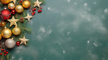 Concept for a Christmas tree decoration. Top view image of hoarfrost-covered pine branches, mistletoe berries, red, gold, and green decorations on an uncluttered green backdrop. GENERATE AIの素材