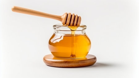 Top view of a honey jar with a wooden honey dipper on a white backdrop with copy space. delicious bottle of honey. GENERATE AIの素材
