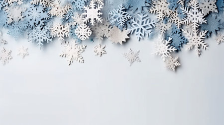 Christmas tree branches, stars, and deer in the snow, with a blue background. view from the top. Lay flat. Xmas break. Mockup, template, and happy new year card. GENERATE AIの素材