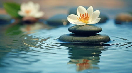 Background of harmony and relaxation with a flower and stones in water. GENERATE AIの素材