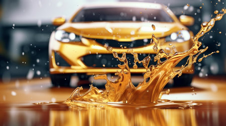 Background automobile service, golden liquid spilling from canister, and motor oil splash. GENERATE AIの素材