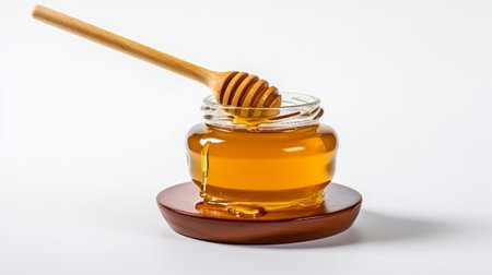Top view of a honey jar with a wooden honey dipper on a white backdrop with copy space. delicious bottle of honey. GENERATE AIの素材