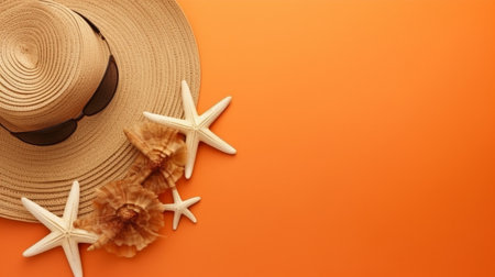 hat and sunglasses with shells and sea stars on colored backgrounds are beach accessories. Background of summer. GENERATE AIの素材