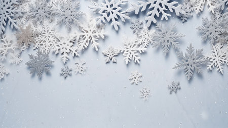 Christmas tree branches, stars, and deer in the snow, with a blue background. view from the top. Lay flat. Xmas break. Mockup, template, and happy new year card. GENERATE AIの素材