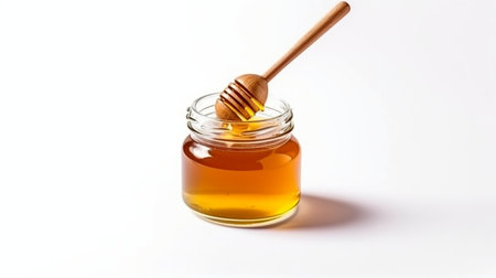 Top view of a honey jar with a wooden honey dipper on a white backdrop with copy space. delicious bottle of honey. GENERATE AIの素材