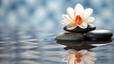 Background of harmony and relaxation with a flower and stones in water. GENERATE AIの素材