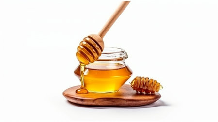 Top view of a honey jar with a wooden honey dipper on a white backdrop with copy space. delicious bottle of honey. GENERATE AIの素材