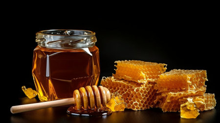 Top view of a jar of honey with honeycombs on a black backdrop. GENERATE AIの素材