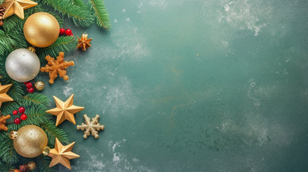 Concept for a Christmas tree decoration. Top view image of hoarfrost-covered pine branches, mistletoe berries, red, gold, and green decorations on an uncluttered green backdrop. GENERATE AIの素材