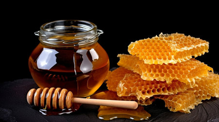 Top view of a jar of honey with honeycombs on a black backdrop. GENERATE AIの素材