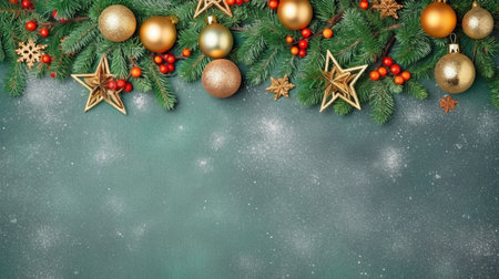 Concept for a Christmas tree decoration. Top view image of hoarfrost-covered pine branches, mistletoe berries, red, gold, and green decorations on an uncluttered green backdrop. GENERATE AIの素材