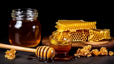 Top view of a jar of honey with honeycombs on a black backdrop. GENERATE AIの素材