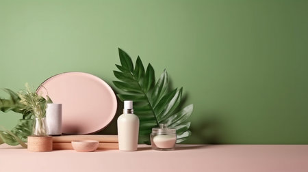 Mock up for branding, presentations, or items like jewelry, food, or cosmetics. Vacant table against a pink and green wall. Shadow of leaves on the wall and wooden desk in the composition. GENERATE AIの素材