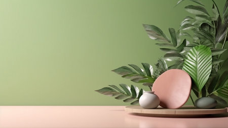 Mock up for branding, presentations, or items like jewelry, food, or cosmetics. Vacant table against a pink and green wall. Shadow of leaves on the wall and wooden desk in the composition. GENERATE AIの素材