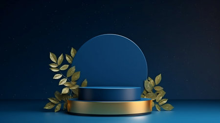 pedestal with a circular cylinder shape for items or cosmetics on a leafy, dark blue backdrop.  GENERATE AIの素材