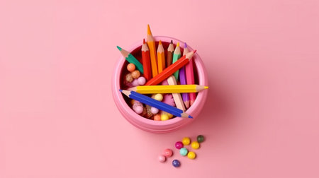 Collection of school materials against a pink backdrop. returning to school idea.  GENERATE AIの素材