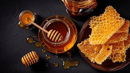 Top view of a jar of honey with honeycombs on a black backdrop. GENERATE AIの素材
