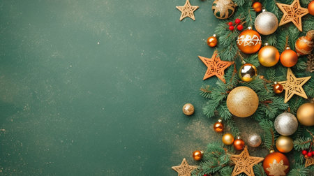 Concept for a Christmas tree decoration. Top view image of hoarfrost-covered pine branches, mistletoe berries, red, gold, and green decorations on an uncluttered green backdrop. GENERATE AIの素材