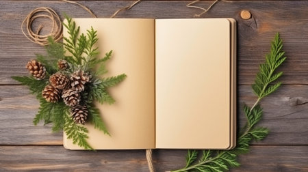 View from the top of a notebook with a fir tree frame on a hardwood background. the idea of the new year.  GENERATE AIの素材