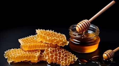 Top view of a jar of honey with honeycombs on a black backdrop. GENERATE AIの素材
