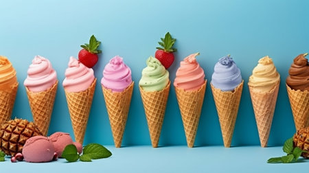 Chocolate, vanilla, blueberry, strawberry, pistachio, and other flavors of colorful ice cream in waffle cones are shown on a stylish turquoise backdrop with summertime palm palms. GENERATE AIの素材