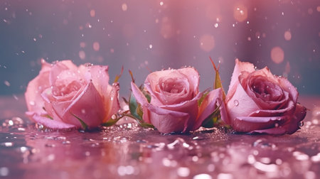 Pink flowers in water with drips on a summer background. minimalist abstract natural background. GENERATE AIの素材