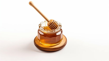 Top view of a honey jar with a wooden honey dipper on a white backdrop with copy space. delicious bottle of honey. GENERATE AIの素材