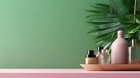 Mock up for branding, presentations, or items like jewelry, food, or cosmetics. Vacant table against a pink and green wall. Shadow of leaves on the wall and wooden desk in the composition. GENERATE AIの素材