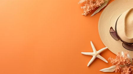 hat and sunglasses with shells and sea stars on colored backgrounds are beach accessories. Background of summer. GENERATE AIの素材