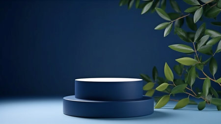 pedestal with a circular cylinder shape for items or cosmetics on a leafy, dark blue backdrop.  GENERATE AIの素材