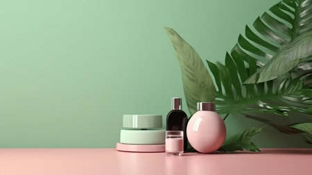 Mock up for branding, presentations, or items like jewelry, food, or cosmetics. Vacant table against a pink and green wall. Shadow of leaves on the wall and wooden desk in the composition. GENERATE AIの素材