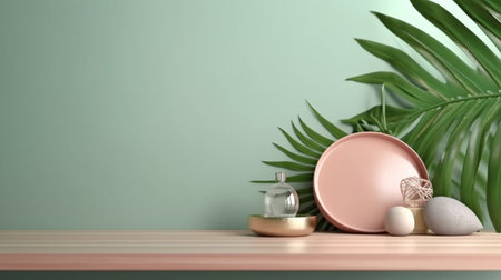 Mock up for branding, presentations, or items like jewelry, food, or cosmetics. Vacant table against a pink and green wall. Shadow of leaves on the wall and wooden desk in the composition. GENERATE AIの素材