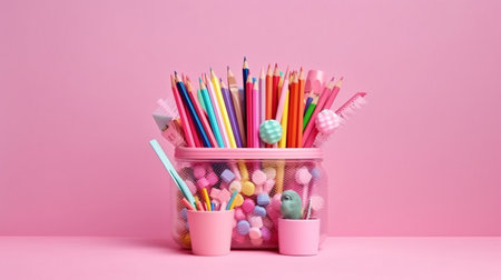 Collection of school materials against a pink backdrop. returning to school idea.  GENERATE AIの素材