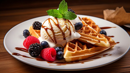 Delicious waffles with ice cream, fresh berries, and a brown wooden backdrop.  GENERATE AIの素材