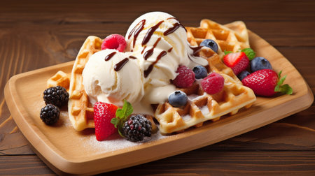 Delicious waffles with ice cream, fresh berries, and a brown wooden backdrop.  GENERATE AIの素材