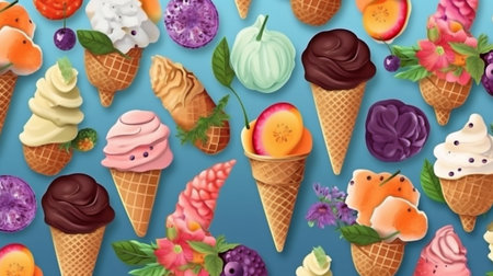Chocolate, vanilla, blueberry, strawberry, pistachio, and other flavors of colorful ice cream in waffle cones are shown on a stylish turquoise backdrop with summertime palm palms. GENERATE AIの素材