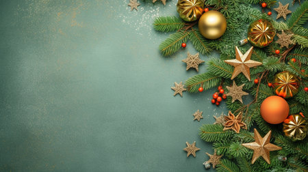 Concept for a Christmas tree decoration. Top view image of hoarfrost-covered pine branches, mistletoe berries, red, gold, and green decorations on an uncluttered green backdrop. GENERATE AIの素材