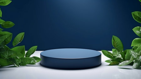 pedestal with a circular cylinder shape for items or cosmetics on a leafy, dark blue backdrop.  GENERATE AIの素材