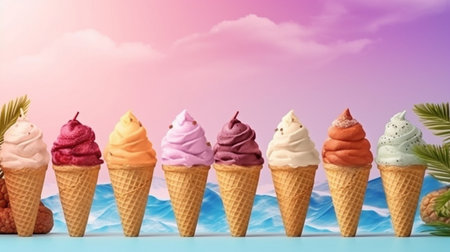 Chocolate, vanilla, blueberry, strawberry, pistachio, and other flavors of colorful ice cream in waffle cones are shown on a stylish turquoise backdrop with summertime palm palms. GENERATE AIの素材