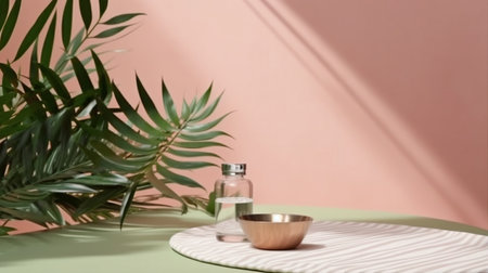 Mock up for branding, presentations, or items like jewelry, food, or cosmetics. Vacant table against a pink and green wall. Shadow of leaves on the wall and wooden desk in the composition. GENERATE AIの素材
