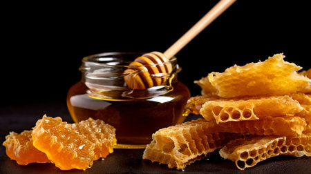 Top view of a jar of honey with honeycombs on a black backdrop. GENERATE AIの素材