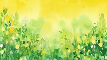 Spring watercolor backdrop with hues of yellow and green.  GENERATE AIの素材