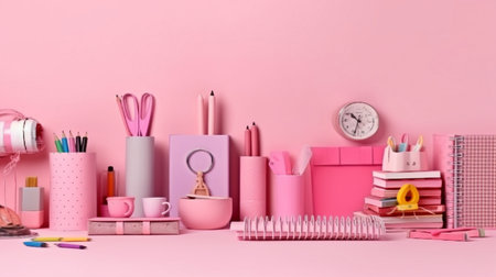 Collection of school materials against a pink backdrop. returning to school idea.  GENERATE AIの素材