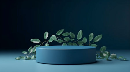 pedestal with a circular cylinder shape for items or cosmetics on a leafy, dark blue backdrop.  GENERATE AIの素材