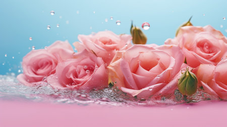 Pink flowers in water with drips on a summer background. minimalist abstract natural background. GENERATE AIの素材