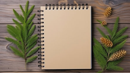 View from the top of a notebook with a fir tree frame on a hardwood background. the idea of the new year.  GENERATE AIの素材