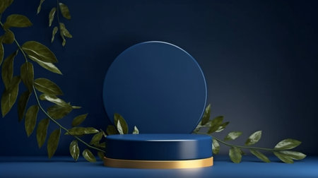 pedestal with a circular cylinder shape for items or cosmetics on a leafy, dark blue backdrop.  GENERATE AIの素材