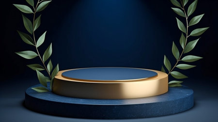 pedestal with a circular cylinder shape for items or cosmetics on a leafy, dark blue backdrop.  GENERATE AIの素材