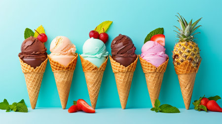 Chocolate, vanilla, blueberry, strawberry, pistachio, and other flavors of colorful ice cream in waffle cones are shown on a stylish turquoise backdrop with summertime palm palms. GENERATE AIの素材