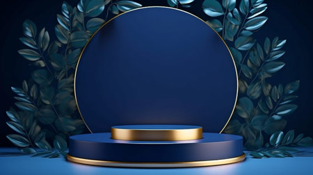 pedestal with a circular cylinder shape for items or cosmetics on a leafy, dark blue backdrop.  GENERATE AIの素材